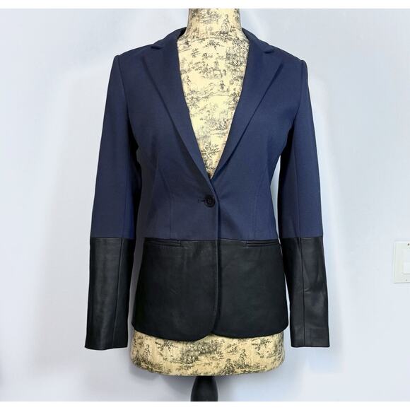 THEORY Shinna C Pryor Blazer Leather / Viscose Combo Navy / Black-Brown Size 4 - Picture 1 of 16